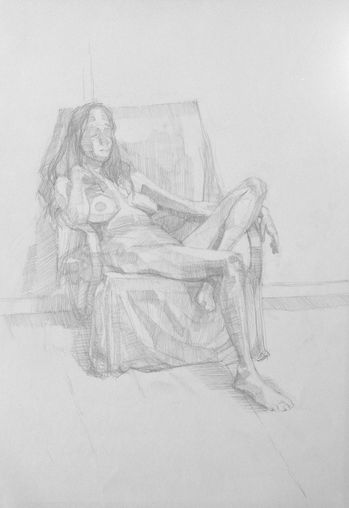 Pencil drawing of a seated woman