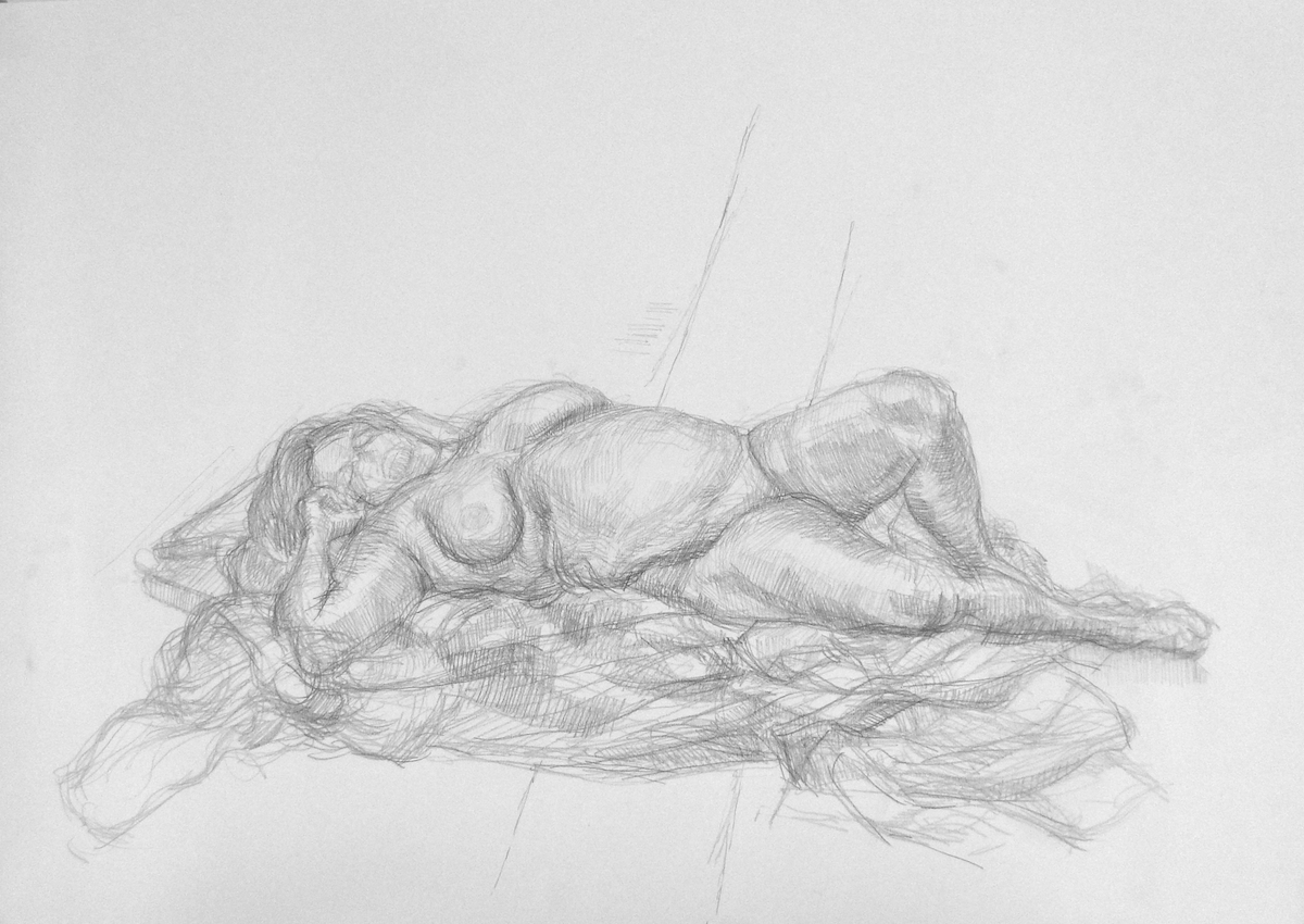 Pencil drawing of a woman lying