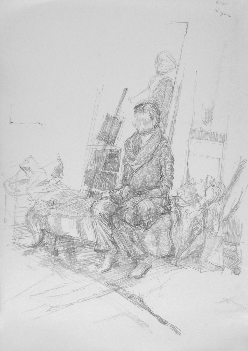 Pencil drawing of a seated woman