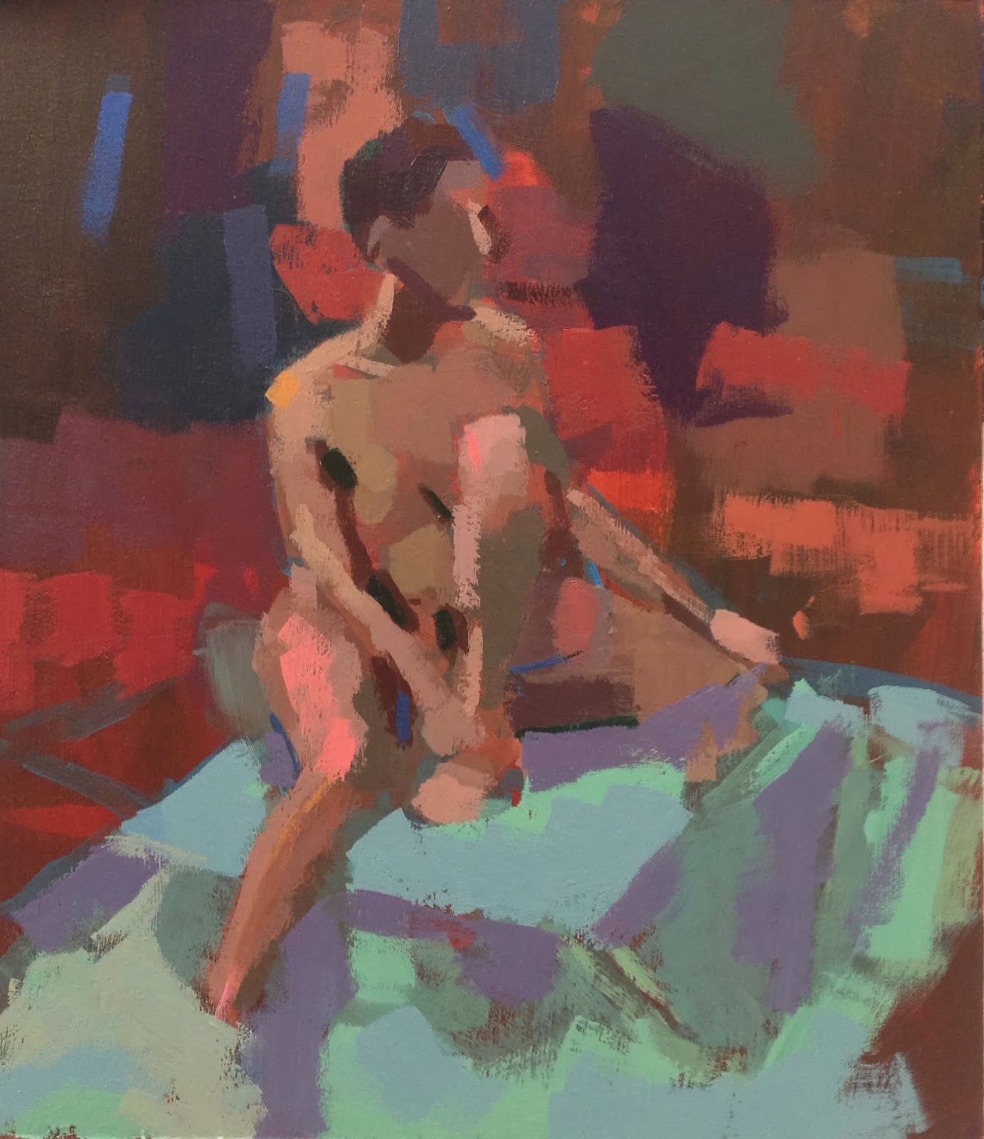 Acrylic study of female model seated on turquoise cloth