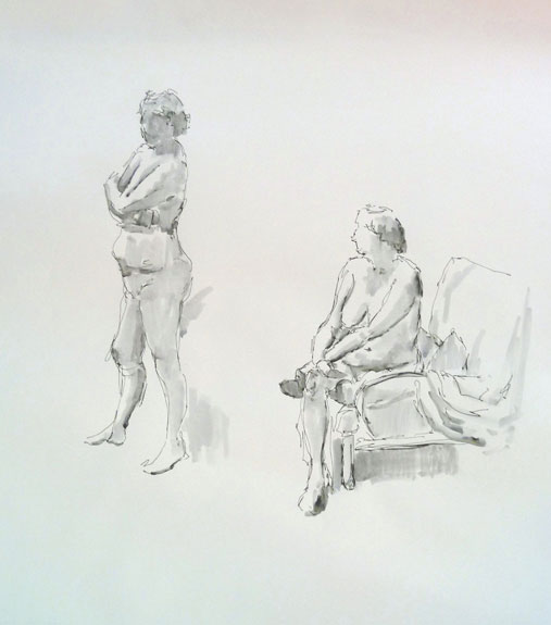 Figurative drawings: 10 mins each. Conte, pen with ink wash.