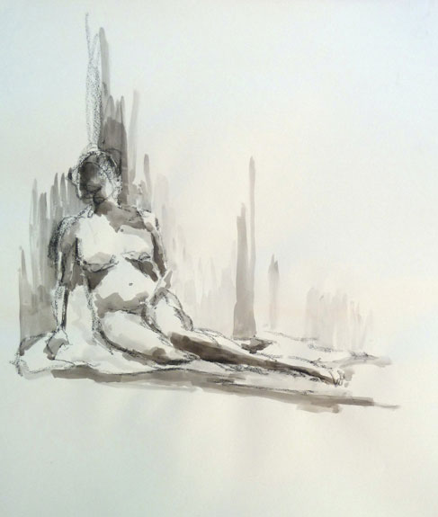 Figurative drawing: 20 mins. Conte, pen with ink wash.