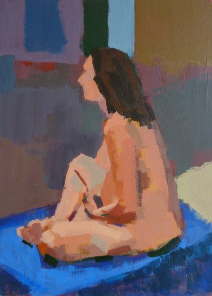 Acrylic study of pregnant woman seated on blue sheet