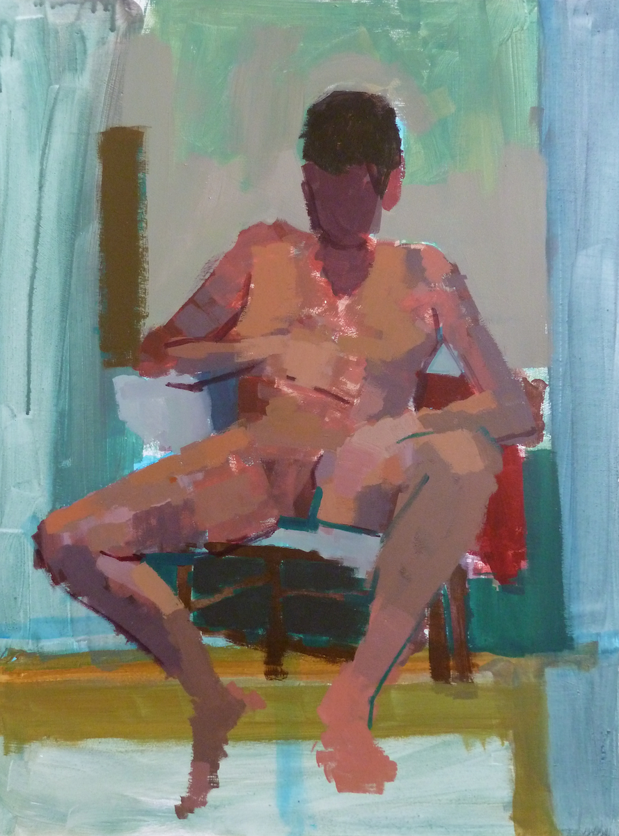 Painting of male life model seated in front of a mirror