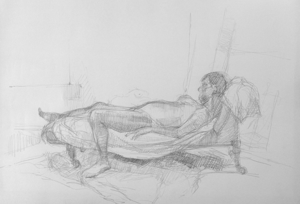 Pencil drawing of a reclining man