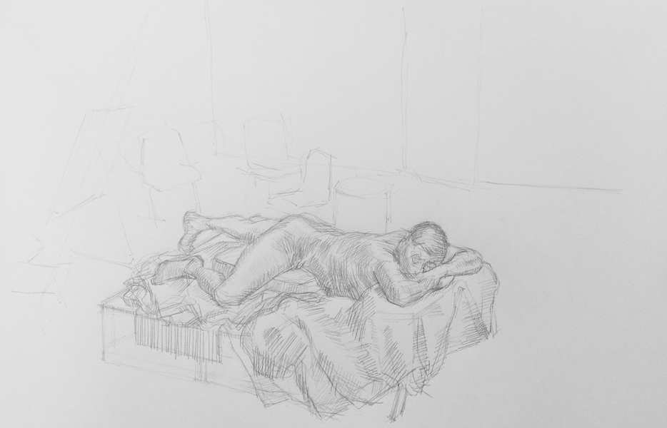 Pencil drawing of a man lying down