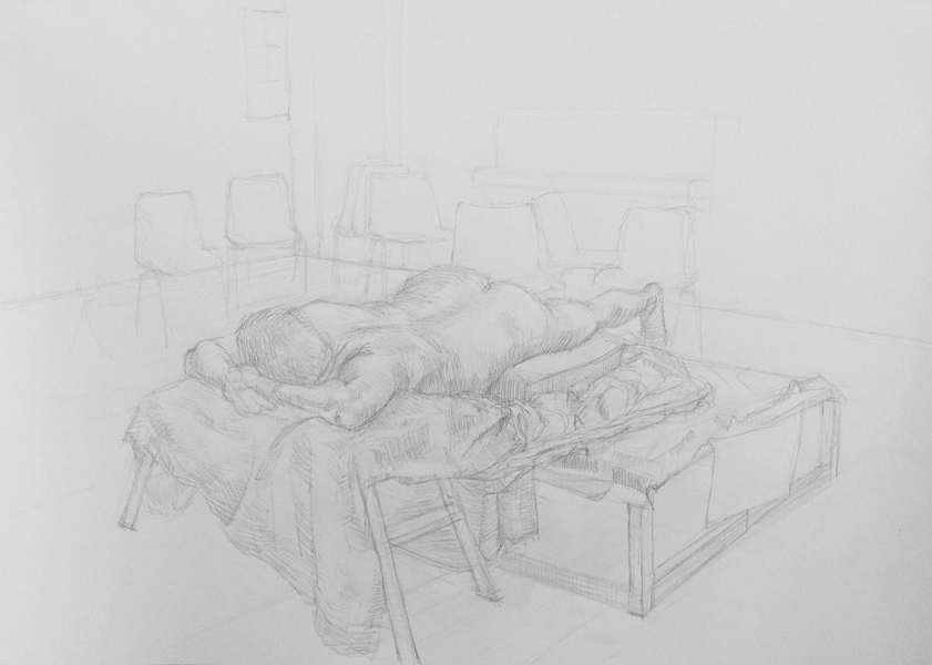 Pencil drawing of a man lying down