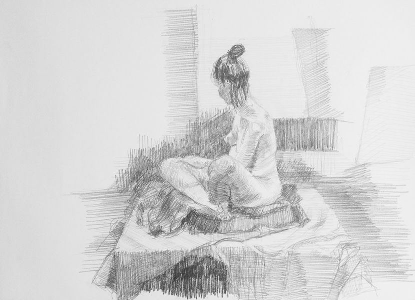 Pencil drawing of a seated woman