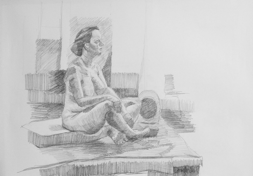 Pencil drawing of a seated woman