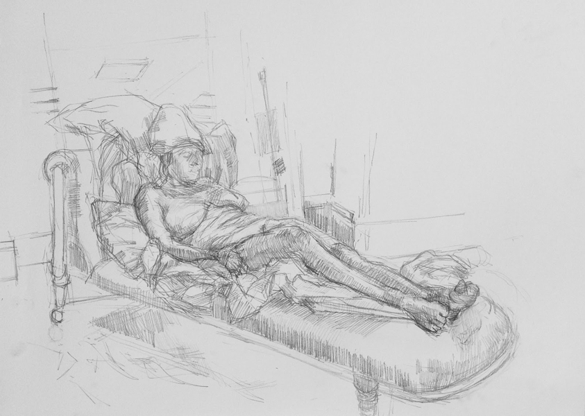 Pencil drawing of a woman reclining