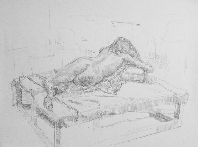 Pencil drawing of a woman lying down