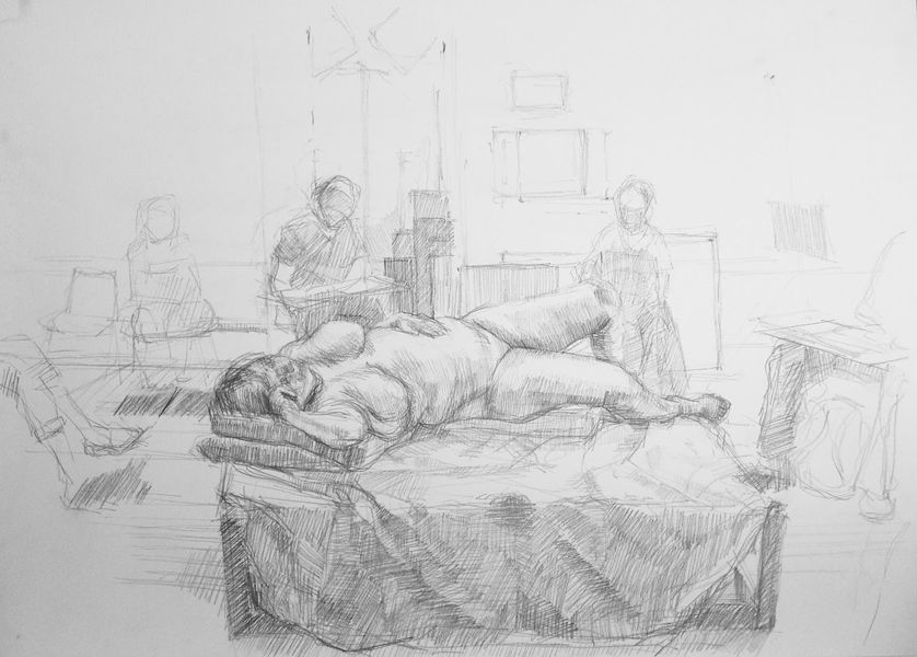 Pencil drawing of a woman reclining