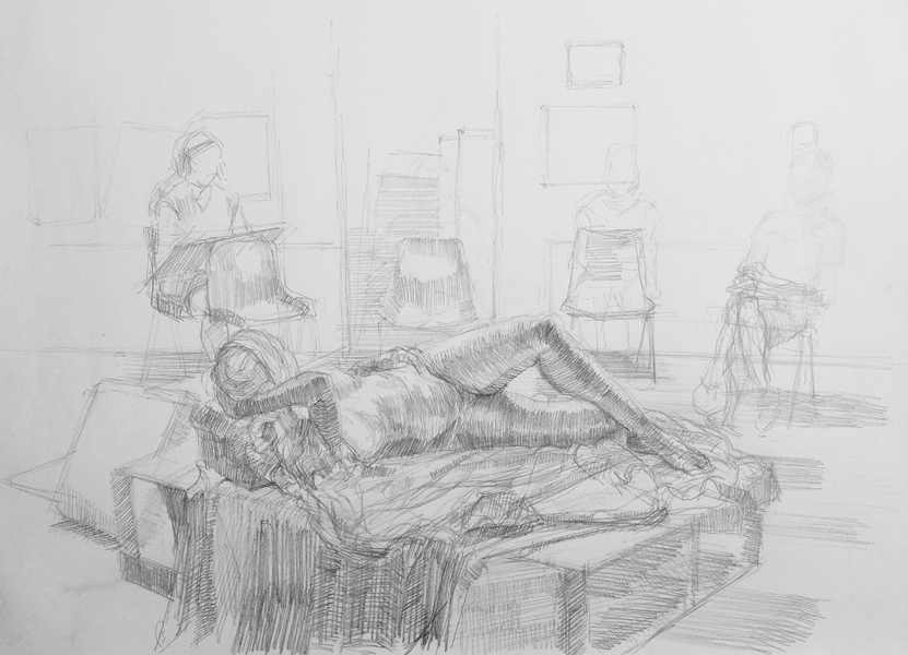 Pencil drawing of a woman reclining