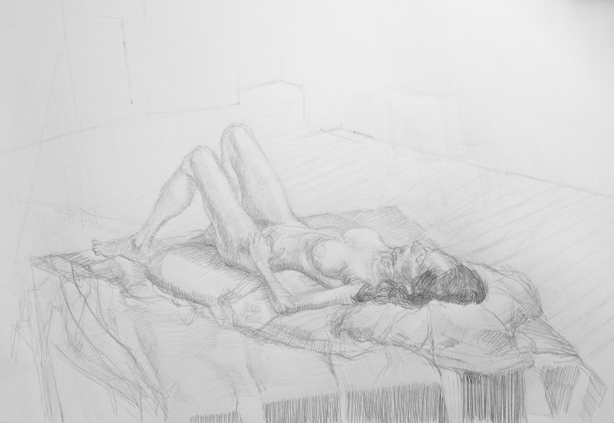 Pencil drawing of a woman lying