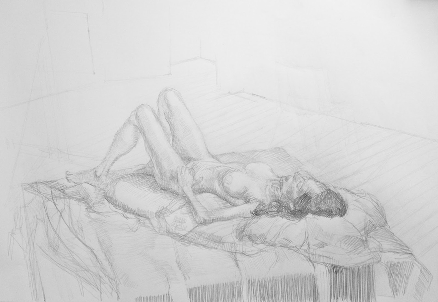 Pencil drawing of a woman lying