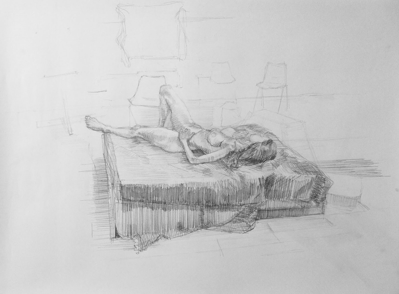 Pencil drawing of a woman lying