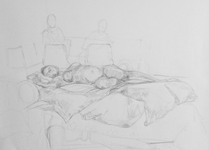 Pencil drawing of a reclining woman