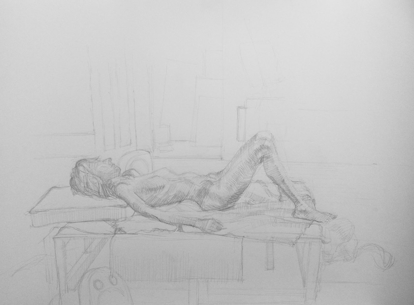 Pencil drawing of a woman lying down