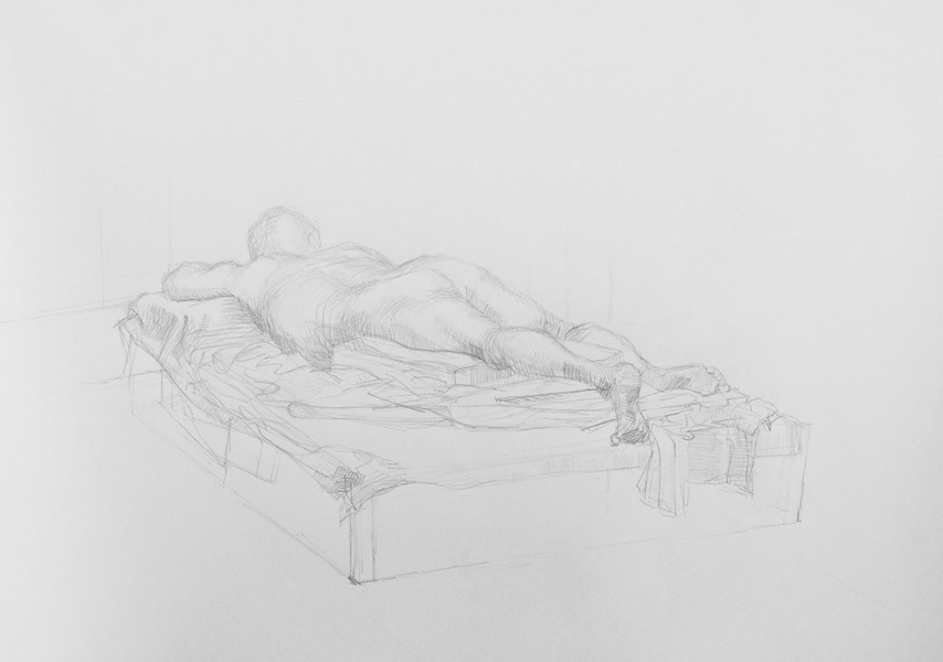 Pencil drawing of a man lying down