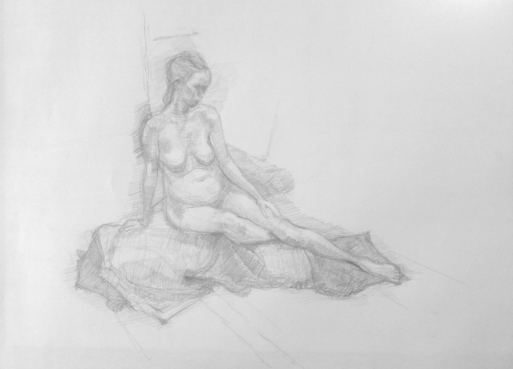 Pencil drawing of a seated woman