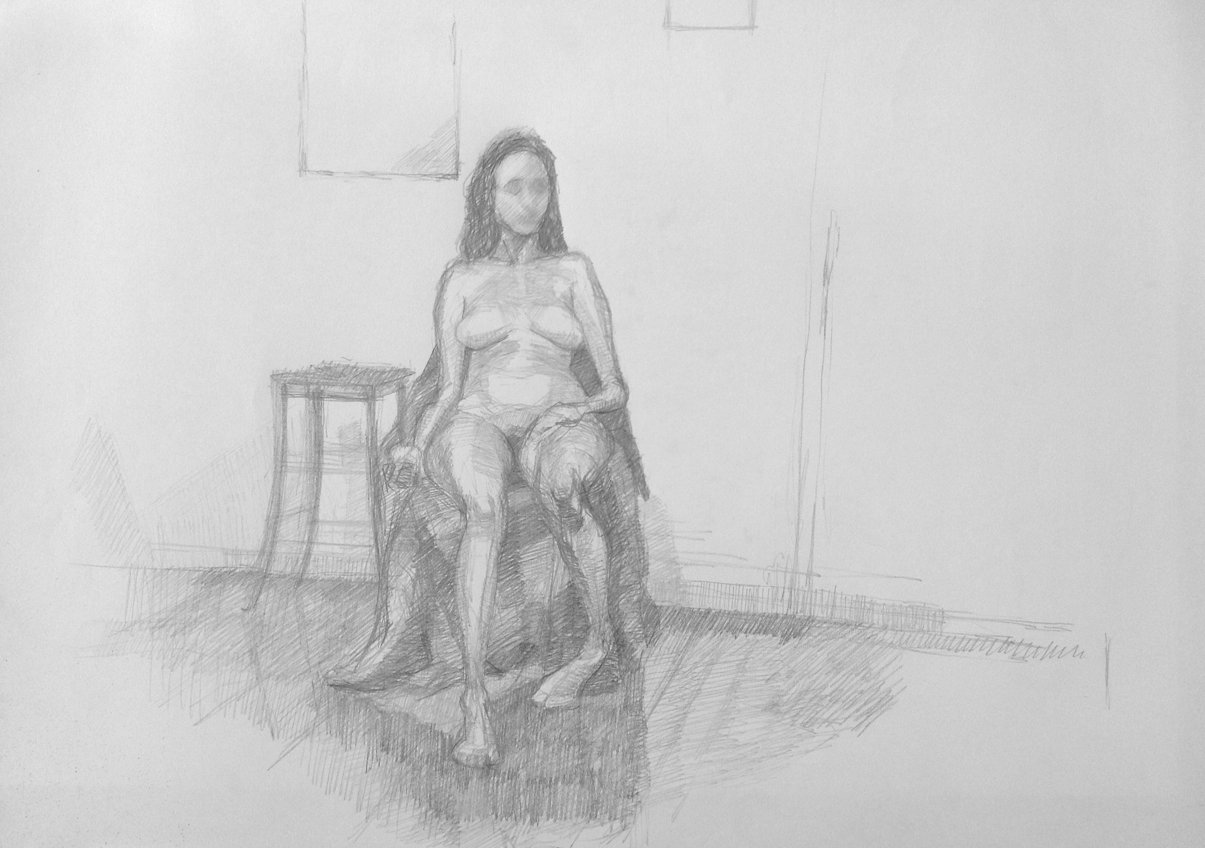 Pencil drawing of a seated woman