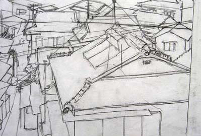 Sketch of rooftops in Ushibuka, Japan