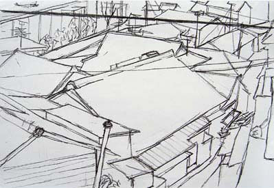 Sketch of rooftops in Ushibuka, Japan