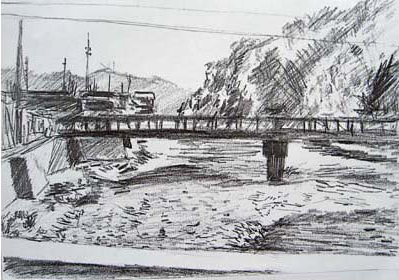 Sketch of a riverbed and bridge near Ushibuka, Japan