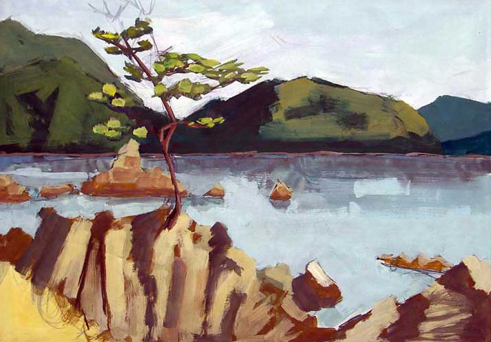 Painting of a tree by the sea in Amakusa