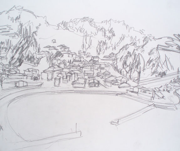 Sketch of houses and harbour in Ushibuka