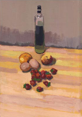 Still Life of bottle fruit and eggs