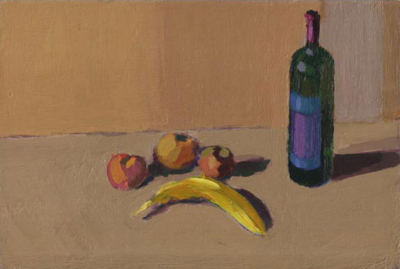 Still life: Bottle and fruit
