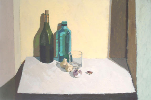 Still life: Bottles, glass and garlic