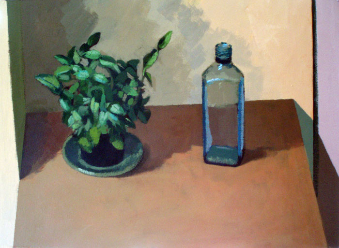 Still life: Basil and gin bottle